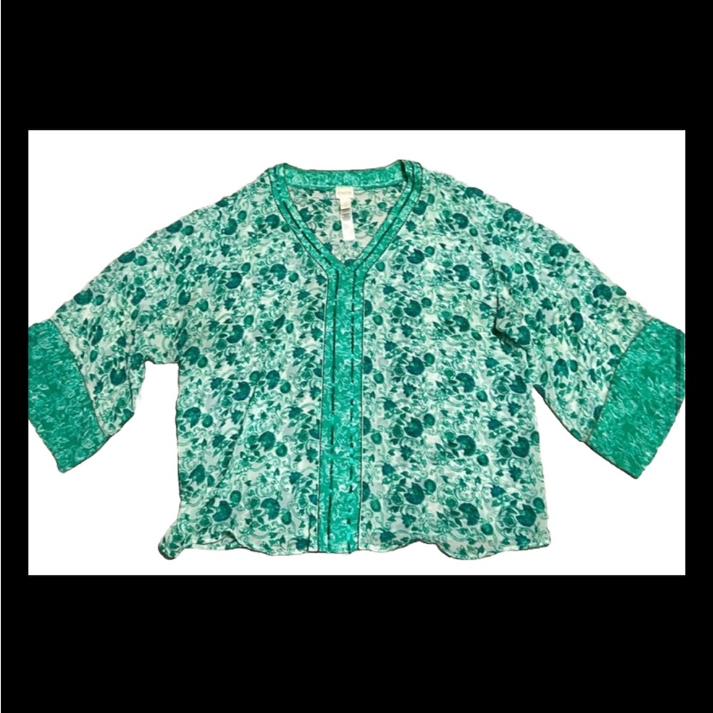Chico’s Green Floral Kimono Top Size 3 (XL) - Picture 3 of 5
